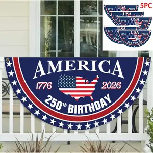 America 250th Birthday Semicircular Flag Banner, 1776–2026 Patriotic Polyester Bunting Flag, USA Independence Day Porch Decor Flag, Fourth Of July Patriotic Half Fan Flag Decoration For Porch Fence Yard