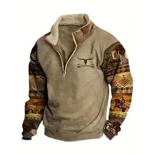 Men's Western Retro Sweatshirt - Unique Print, Zipper Lapel, Stylish for Casual Wear Hoodie Long Sleeve