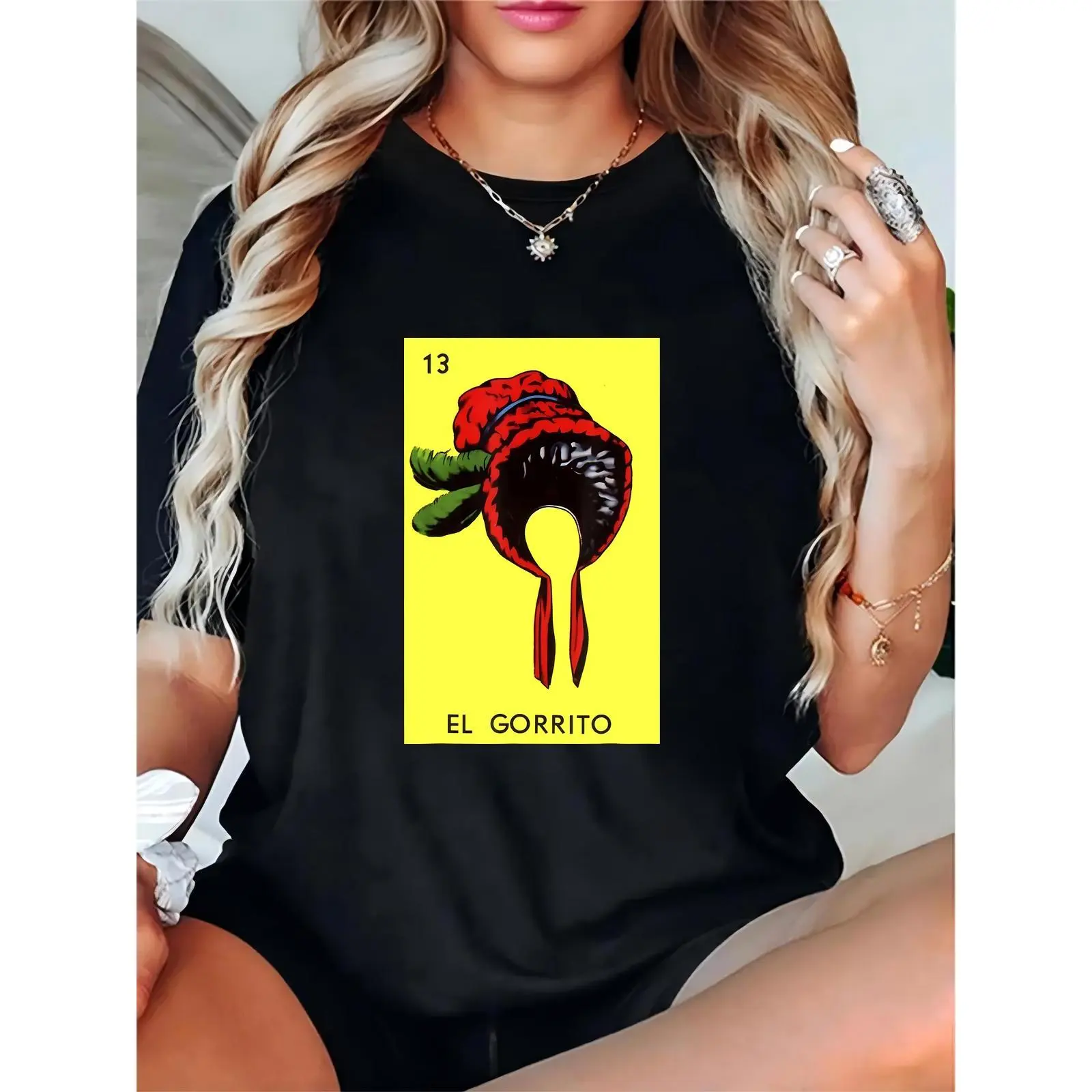 Women's Black T-Shirt with Loteria El Gorrito Number 13 Graphic (Red Hat, Yellow Background) – Mexican Themed Casual Top for Cinco de Mayo, Parties & Daily Wear 100% Cotton T-shirt