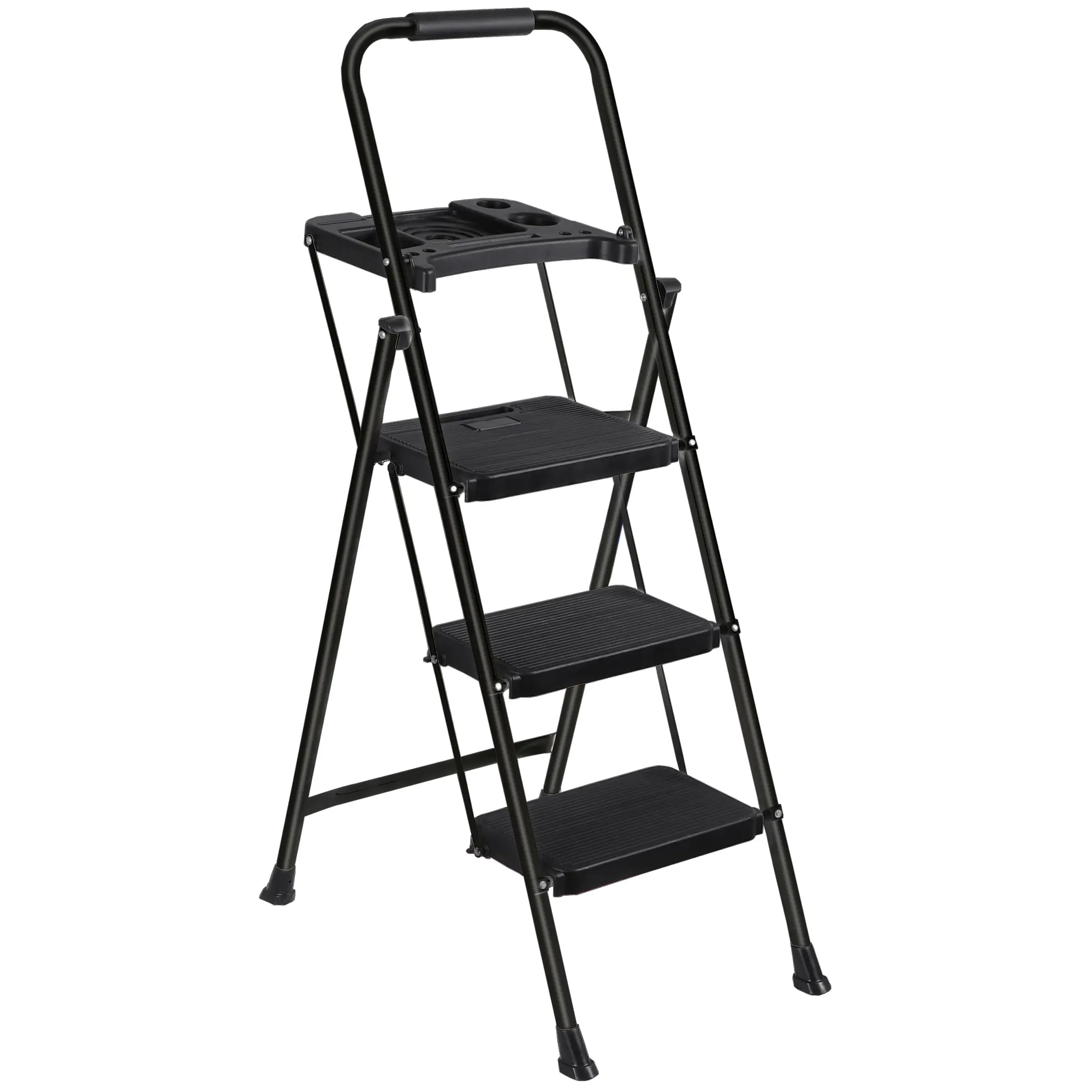 Zeny 3-Step Heavy Duty Steel Ladder - Portable Folding Design with Tool Tray, Handgrip, Non-Slip Wide Pedals, Safety Locking, 330 lbs Max Capacity, Fully Assembled, Black, Heavy Duty Ladder, Portable Folding Ladder
