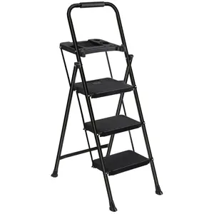 Zeny 3-Step Heavy Duty Steel Ladder - Portable Folding Design with Tool Tray, Handgrip, Non-Slip Wide Pedals, Safety Locking, 330 lbs Max Capacity, Fully Assembled, Black, Heavy Duty Ladder, Portable Folding Ladder