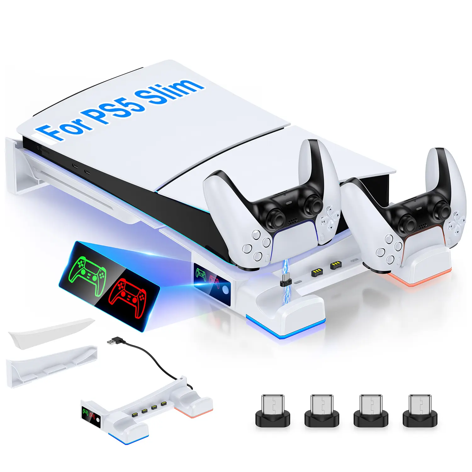 PS5 Slim Horizontal Stand Adapter - USB-Powered Gaming Dock for PS5 Slim Disc/Digital Editions, with RGB LED Controller Charging, Intelligent Chip Protection, 1x EVA Adapter, 1x Left Part Stand, Chargeable Blue LED Light Feature