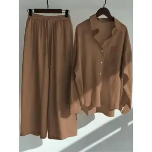 Spring Summer Women's Two Piece Casual Long Sleeve Shirt Women's Suit Fashion Button Casual Female Wide Leg Pants 2 Piece Sets