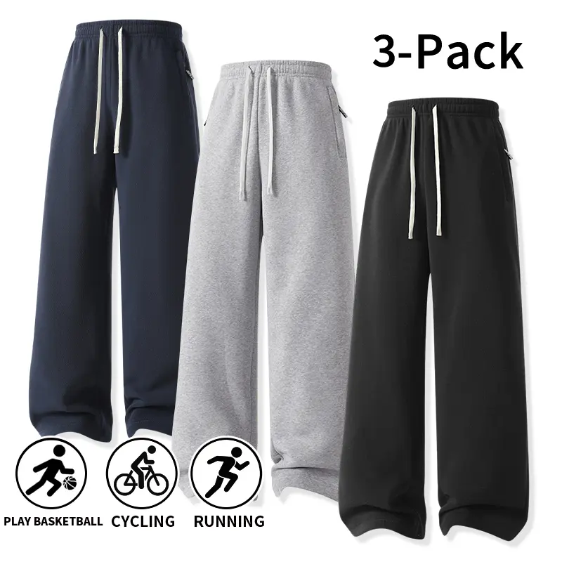 Men's 3 Pack Soft Comfortable Wide Leg Sweatpants with Zipper Side Pockets, Elastic Drawstring Loose Athletic Track Trousers for Fall Winter Basketball Cycling Running Daily Streetwear