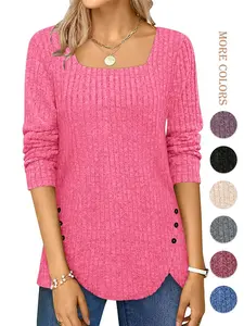 ASWULK Women's Sweaters Fall 2025 Lightweight Long Sleeve Button Slit Square Neck Tunic Tops in Polyester for Casual Outings