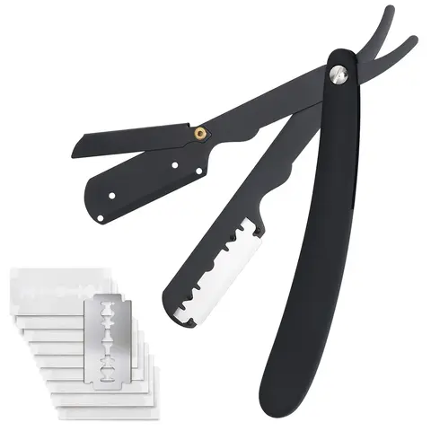 Professional Men's Safety Straight Edge Razor Pack - Barber Shaver Shaving Razors Set with 10 Razorblades, Daily Shaving Tool to Maintain a Neat Appearance - MM1