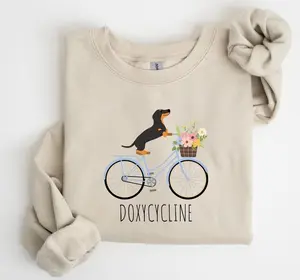 Doxycycline Pharmacy Pun Sweatshirt Dachshund On Bicycle Crewneck Pharmacists And Technicians Gift Veterinary Wiener Dog Gifts