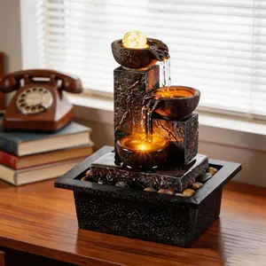 Three Bowls with Rotating Ball Flowing Tabletop Fountain  Decor Indoor/Outdoor Decor Waterfall Sound Zen Mini Fountain Warm Led Light Pebbles Stone(23114)