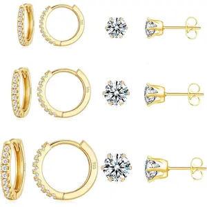 Hoop and Stud Earrings Set  Plated 925 Sterling Silver Post Cartilage Piercing Earrings Gold Stud Earrings Set Women/Men