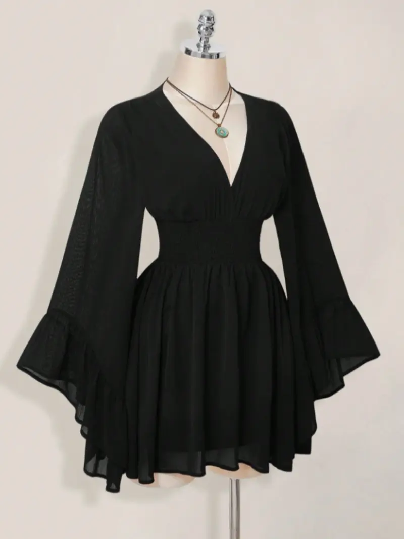 Women's Gothic Style V Neck Waist Cinched Dress, Elegant Long Sleeve Mini Dress, Autumn/winter Lantern Sleeve Dress