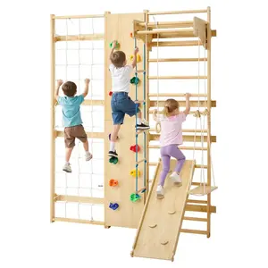 Swedish Ladder Wall Gym, 9-in-1 12-Level Solid Wood Gymnastic Stall Bars for Kids Adults, 220LBS Indoor Jungle Gym with Rock Climbing Wall, Gym Rings, Pull-Up Bar, Climbing Board, Slide, Swing