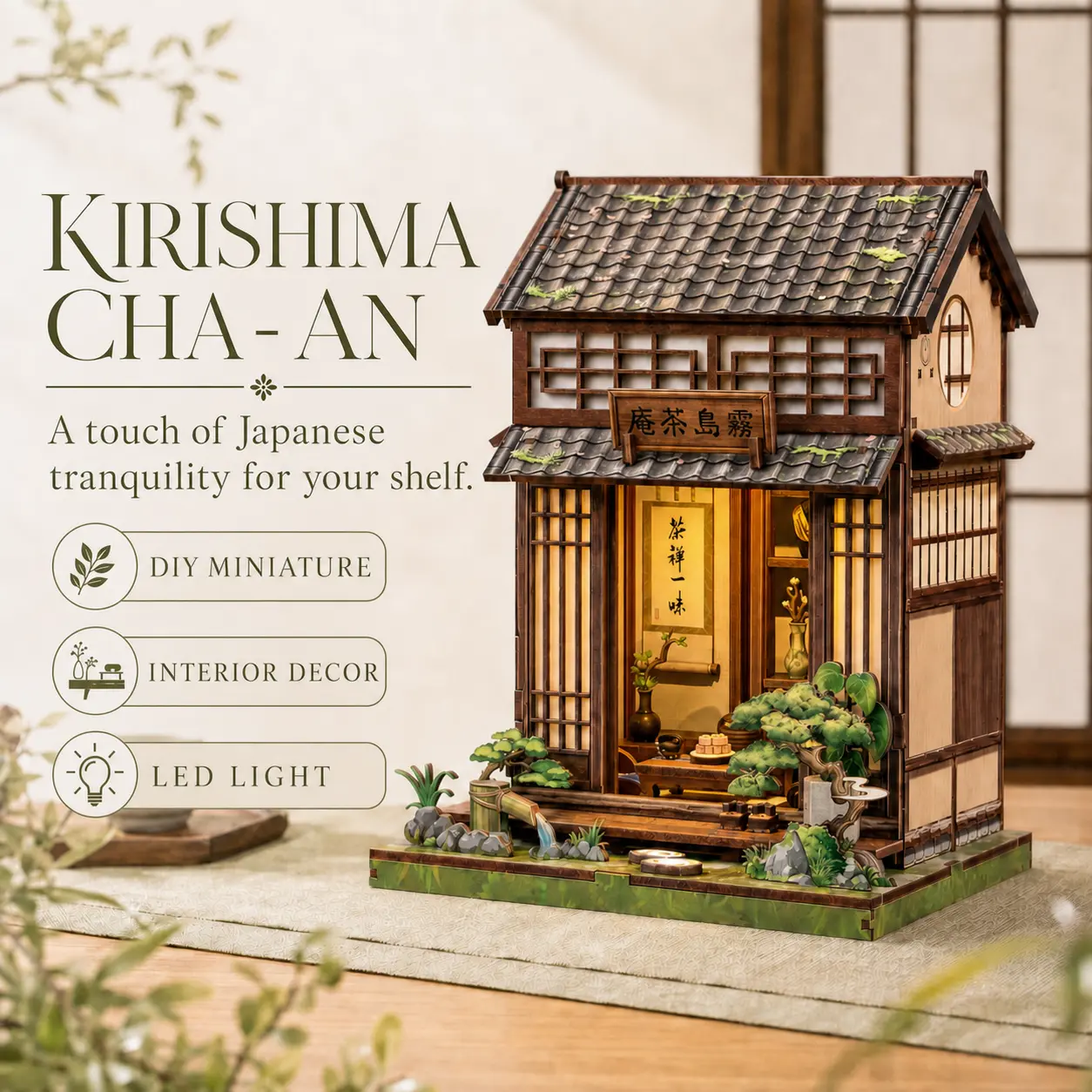 CUTEBEE Japanese Tea House DIY Miniature House Kit with LED Light, 3D Wooden Puzzle Dollhouse Bookshelf Decor, Creative Craft Gift for Adults and Teens