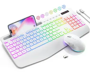 Wireless Keyboard and Mouse Combo - 9 Backlit Effects, RGB, Ergonomic Wrist Rest, Phone Holder, 2.4G Full Size, Rechargeable, Quiet Keyboard Set
