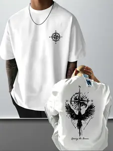 Men's Compass Print Round Neck Tee, Regular Fit Casual Short Sleeve Crew Neck T-Shirt for Summer, Casual Comfy Streetwear, Fashion Men's Top for Daily Wear, Tropical