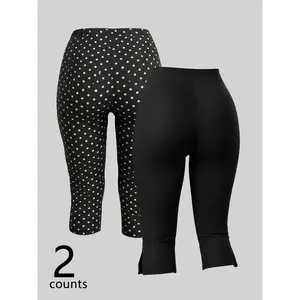 Women's 2 Pieces Polka Dot Solid Capri Pants Set, Stretch Slim Fit Cropped Trousers With Side Slit, Casual Summer Pants For Daily Wear & Travel