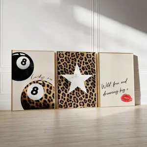 Set of 3 Leopard Star 8 Ball lucky Aesthetic Quote Print Set, Boho Maximalist Retro Preppy Trendy Prints, Dorm Apartment Girly Cool Art