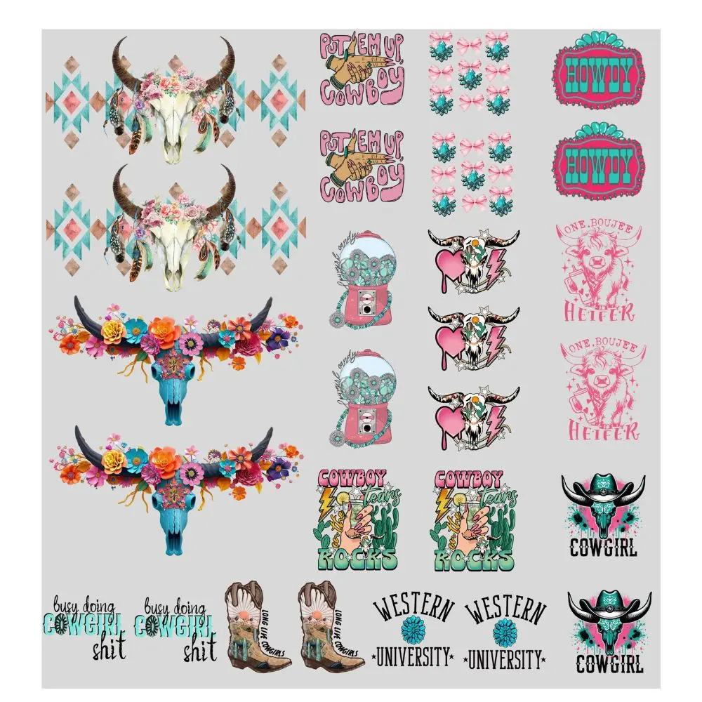 Cowgirl University UV DTF Transfers Gang Sheet 22” wide x 24” long DIY UV Direct to Film Transfers