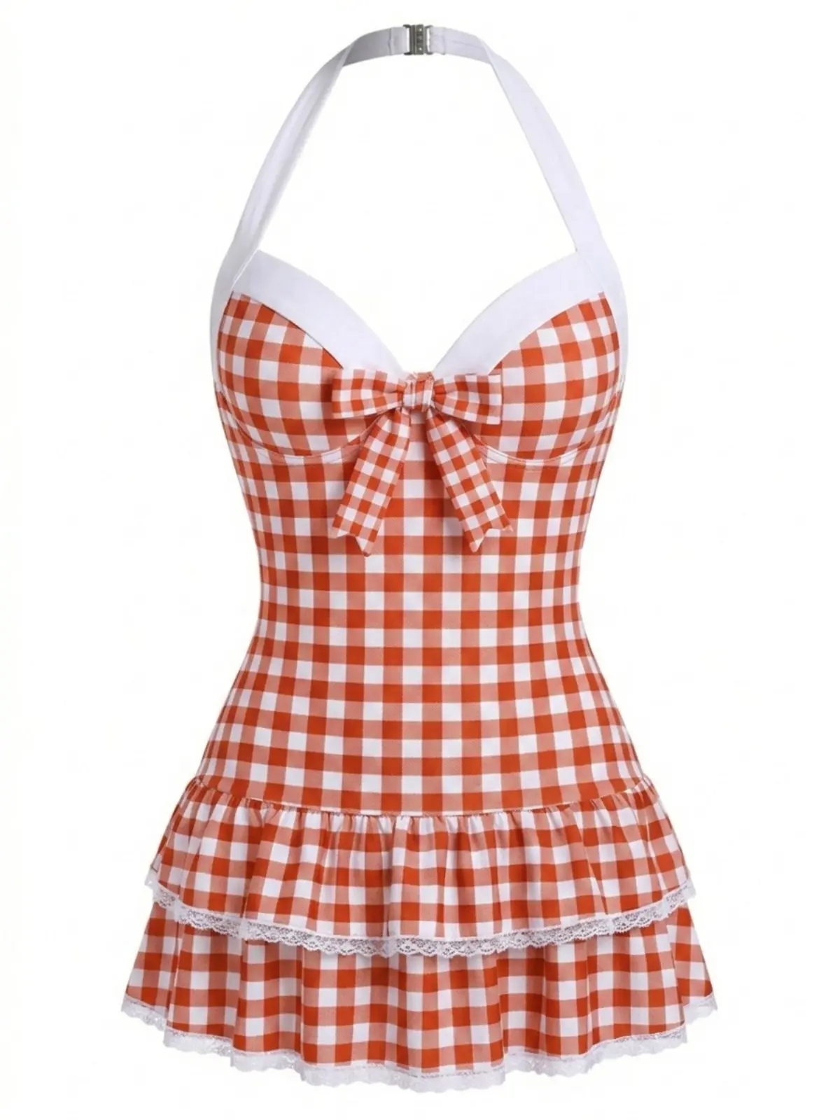 RETRO STAGE Women's 1940s Vintage Red Gingham Halter 1-Piece Swimsuit, Polka Dots, Dainty Bow, Ruffled Hem, Backless, Comfortable Fit, Bathing Suit, One Piece Swimsuitvacation swimwear for women cute summer outfits BackToSchool