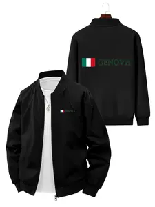 Casual Fashion Men's Long Sleeve Jacket with GENOVA Text and Italian Flag Print for Daily Wear Outdoor Activities and Commuting