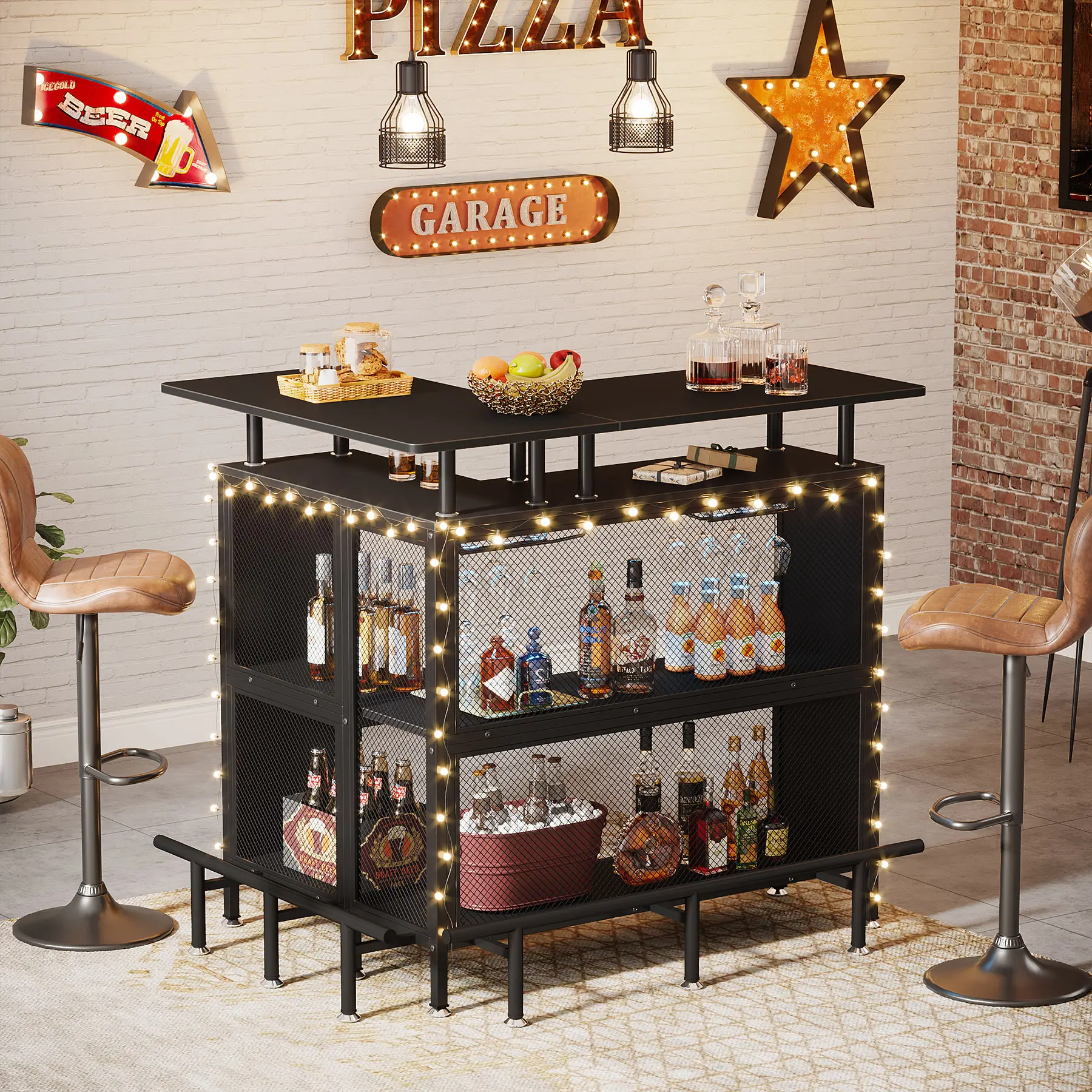 Tribesigns L-shaped Home Bar Table with Storage Shelves and Wine Rack Bottles Metal Utensils Champagne Drink Tribesigns L-shaped Home Bar Table with Storage Shelves and Wine Rack Bottles Metal Utensils Champagne Drink
