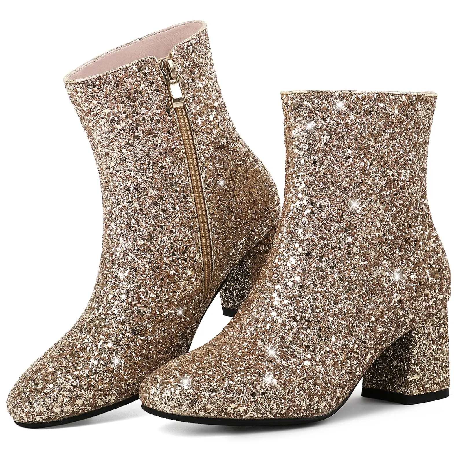 Women's Sequins Glitter Chunky Heel Ankle Boots Sparkly Booties Zipper Block Heeled Wedding Party Dress Bridal Bridesmaid Blingbling Shoes for Carnival Music Festival Concert