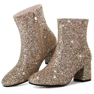Women's Sequins Glitter Chunky Heel Ankle Boots Sparkly Booties Zipper Block Heeled Wedding Party Dress Bridal Bridesmaid Blingbling Shoes for Carnival Music Festival Concert