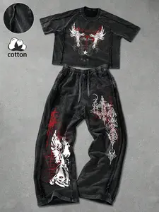 Men & Women Streetwear Gothic Cross Angel Print Cotton Fitted Short Sleeve T-Shirt & Long Pants Set, Casual Y2K Style, Fall Winter
