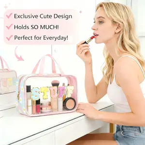 Clear Makeup Bag with Chenille Letter Patches "STUFF" Daisy Floral Cosmetic Bag  Preppy Travel Toiletry Organizer Break 2026 Essentials  Large Waterproof PVC Bag Gift for Her