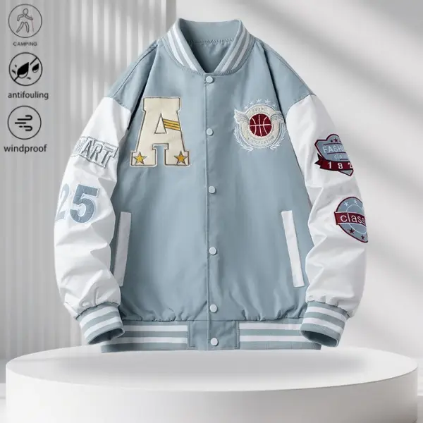 Baseball jacket featuring multiple labels and color-block embroidery; relaxed street-casual style; flat, wrinkle-resistant woven fabric; classic color-blocked design that adds visual depth; ribbed, stretchy fabric with a fitted hem that hugs the neck and