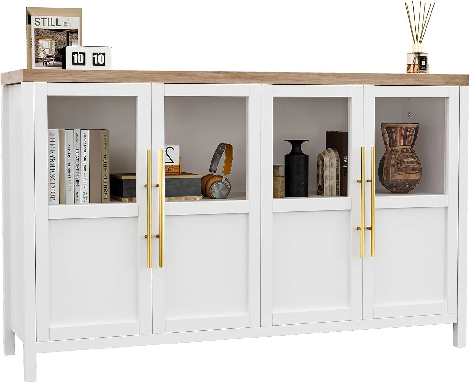 55-Inch White Modern Farmhouse Wood Sideboard Buffet with 4 Glass Doors, Modern Storage Cabinets, Space-Saving Cabinet, Waterproof, 200 lbs Capacity, 55.5x15.7x33.8in, Heavy-Duty Kitchen Furniture, Assembly Required for Kitchen, Dining Room, Kid Room