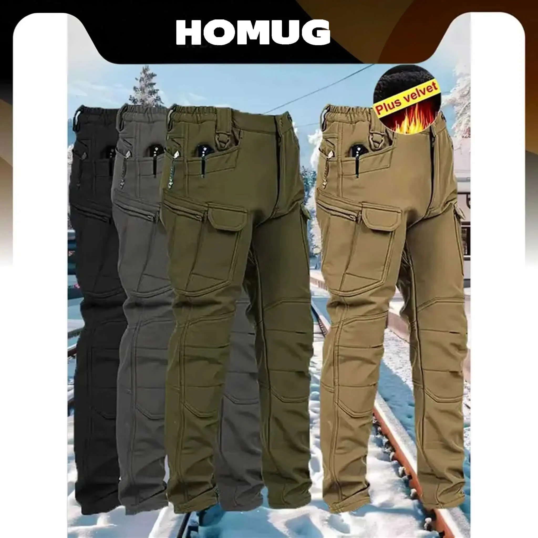 HOMUG Men's Windproof & Warm Outdoor Military Tactical Pants - Fleece-Lined, Solid Color, Mid-Rise, 320g Knit Fabric (Belt-Free, Multi-Pocket, Regular Fit) | Fall/Winter Casual Weekend Wear