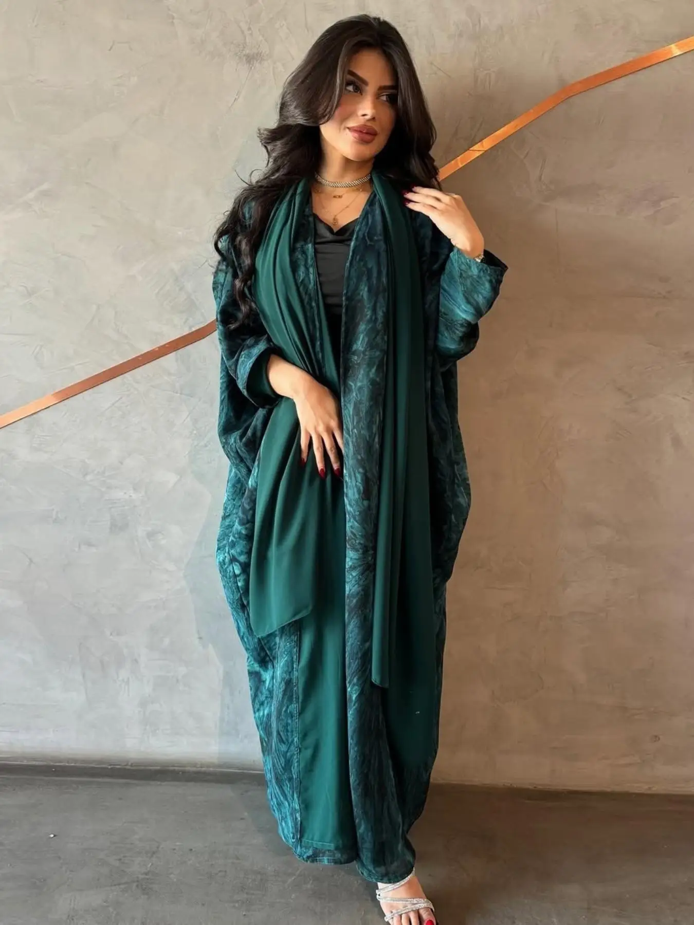 Women's All Over Print Long Abaya with Scarf, Elegant Fashion Casual Open Front Abaya for Daily Outdoor Wear, Women's Islamic Clothing for All Seasons