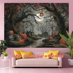 1pc Hanging Spooky Forest Halloween Photo Backdrop Banner, 2D Flat Polyester Backdrop with Glowing Jack-O'-Lanterns & Lanterns Print - Self-Lit, No Electricity Needed, Home/Festive Party Decoration