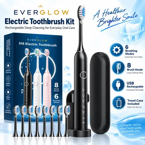Everglow Rechargeable Electric USB Toothbrush Kit for Adults - 1 Soft Bristle Toothbrush, 8 Replacement Heads (2-Year Head Supply), 1 Charging Cable, Intelligent Cleaning, IP67 Water Resistant, Premium, Timer Reminders for Pearly Whites