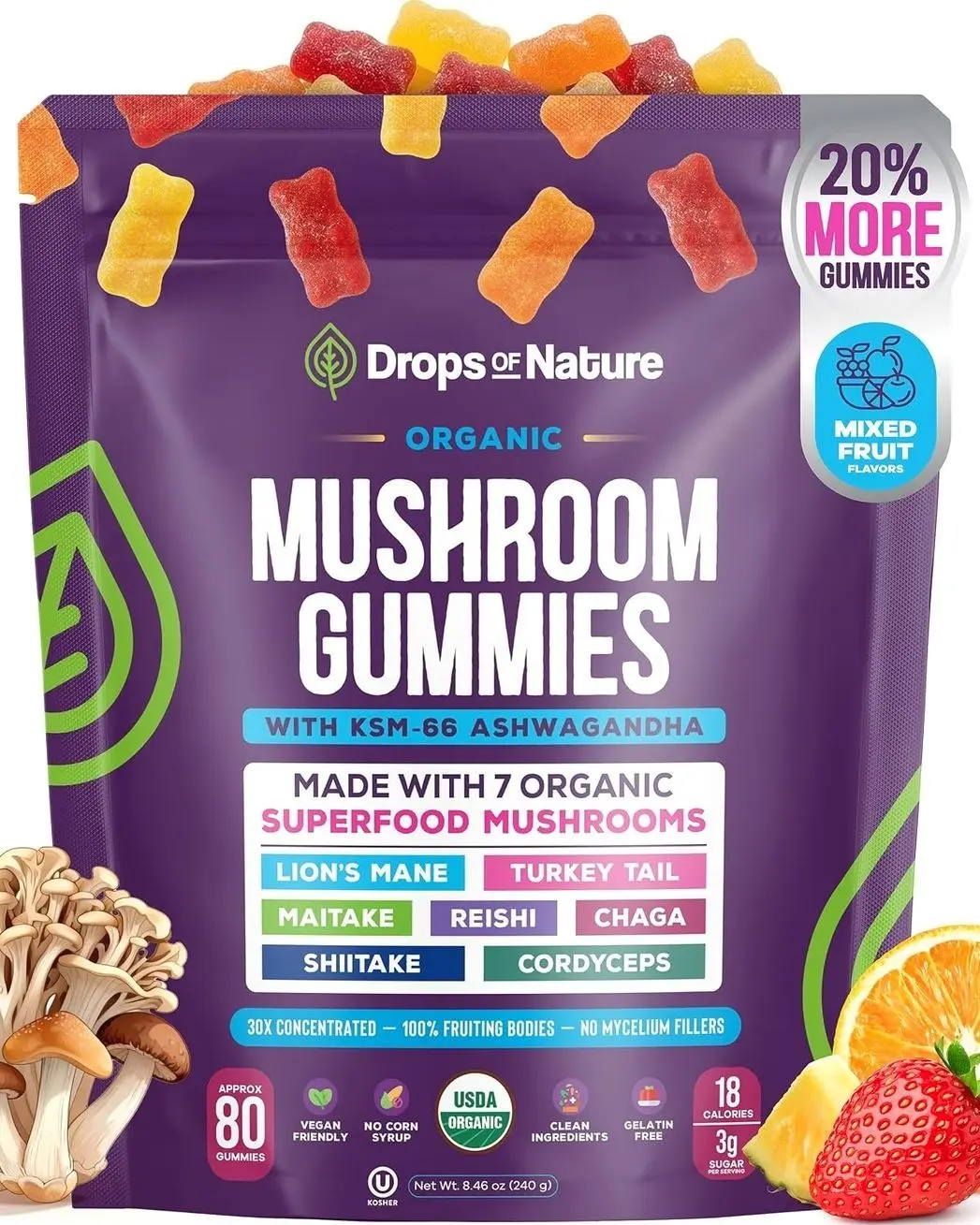 Drops Of Nature Organic Mushroom Gummies & Ashwagandha - Mixed Berry, 80 ct | KSM-66 Ashwagandha Gummies with 7 Superfood Mushroom Lions Mane Reishi Turkey Tail Chaga & More, Low Carb Vegan, Gelatin-Free