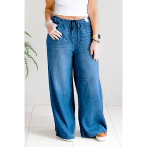 Judy Blue High Waist Midnight Wash Featherweight Palazzo Wide Leg Jeans Tall 881047, Drawstring Waistband Comfortable Loose Light Denim Fit, Chic