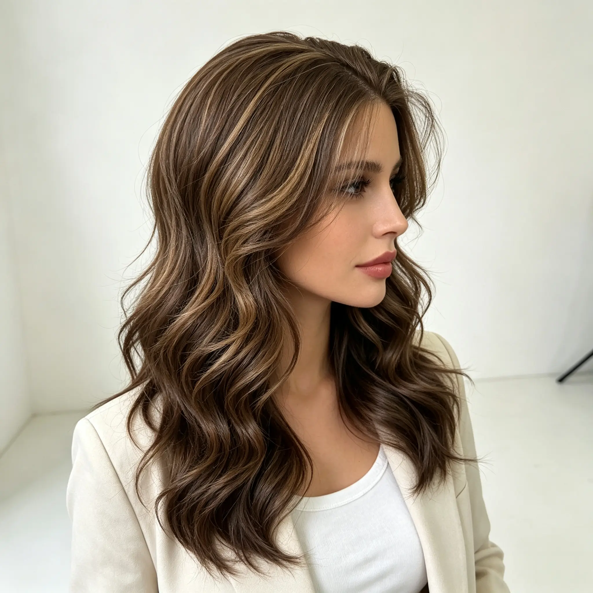Women HD Lace Front Wig With Air Bangs 16 Inch Shoulder Length Loose Wave Synthetic Wig Chocolate Brown Balayage Highlight Layered Curly Heat Resistant Hair Wigs For Daily Party Cosplay