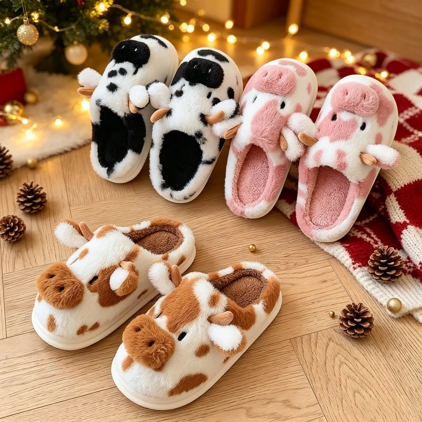 Cartoon Cow Slippers for Women Girls Cotton Animal Fuzzy Slippers Slip-On Cute Fluffy Cow Slides Boys Mens Warm Plush House Slippers for Winter