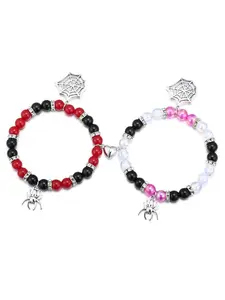 Unisex 2-Piece White Bead Spider Pendant Heart-Clasp Magnetic Bracelets, Casual Daily Couples Matching Fashion Jewelry, Romantic Gifts for Boyfriend Girlfriend