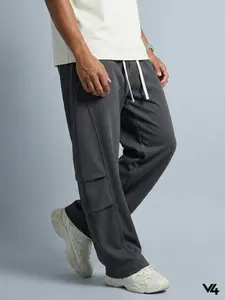 Vibe404 Men's Wide Leg Stacked Sweatpants Dark Grey Textured Knit Baggy Trousers Loose Fit Y2K Streetwear Open Bottom Casual Pants with Zipper Pockets Gym Essentials Casual Comfy Trouser