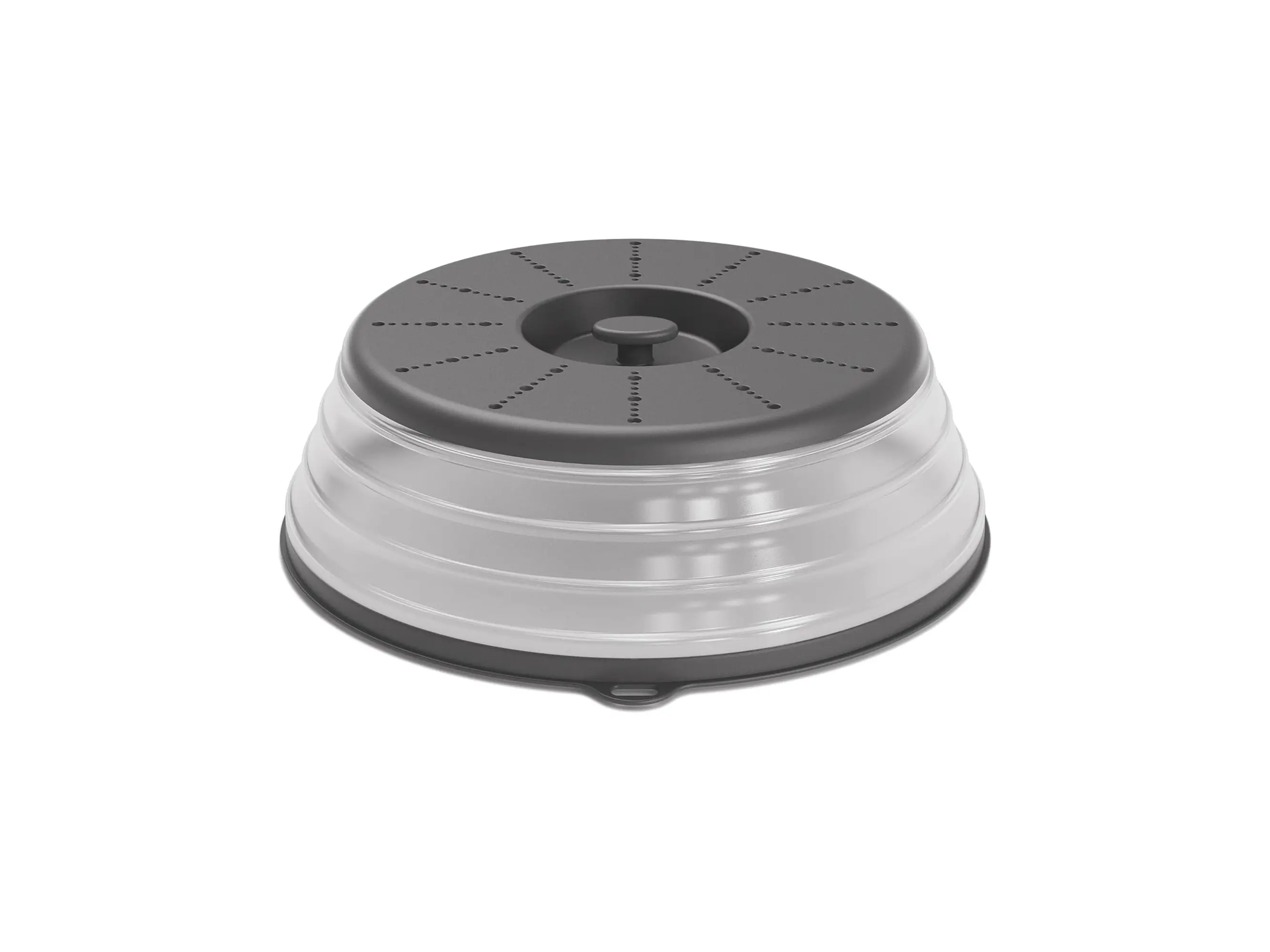 Dark Grey Food Grade Silicone-Plastic Collapsible Microwave Cover Lid - 10.5in x 3.2in Perforated Vented Splatter Screen, Durable Heat Resistant Cooking Utensil with Hook Hole & Colander Function, Fits Most for Easy Cleaning