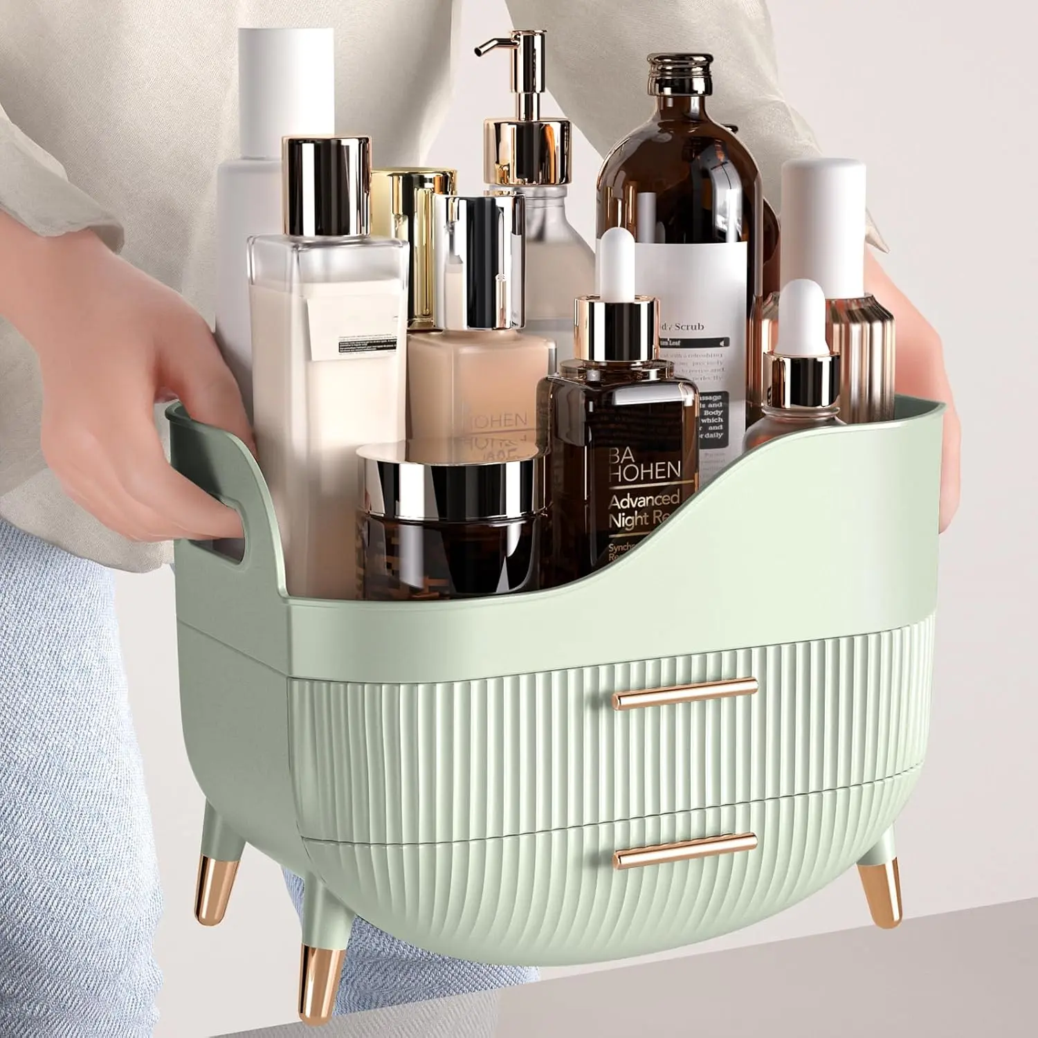 Large Makeup Organizer with Drawers and Handle - Green Vanity Skincare Storage Case for Dresser, Bathroom Countertop