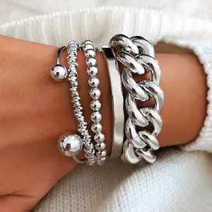 Trendy Chain Open Cuff Bracelet Set, 5-Piece Layered Costume Jewelry Bracelets for Party, Daily Wear