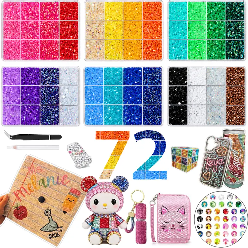 72-Color Lightweight Fade-Resistant Jelly Synthetic Gemstones Rhinestone Bedazzling Kit - 3mm Dainty Flatback Resin Nail Charms with Rhinestone Detail for DIY Nails at Home, Contemporary Art, Romance Craft Accessory