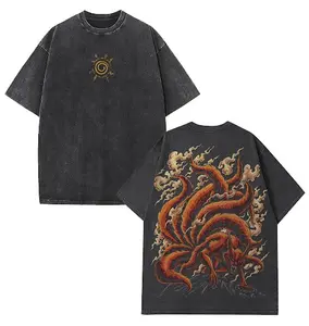 Kurama Nine Tailed Fox Naruto Shippuden  Vintage Wash  Unisex Acid Washed Heavyweight Cotton, graphic men clothing streetwear anime inspired tee Fabric Menswear washed anime t-shirt streetwear graphic tee
