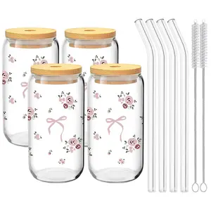 Bow&Rose Pattern Glass Cup with Lid, Glass Straw and Straw Brush, 16oz/480ML Iced Coffee and Beverage Cup