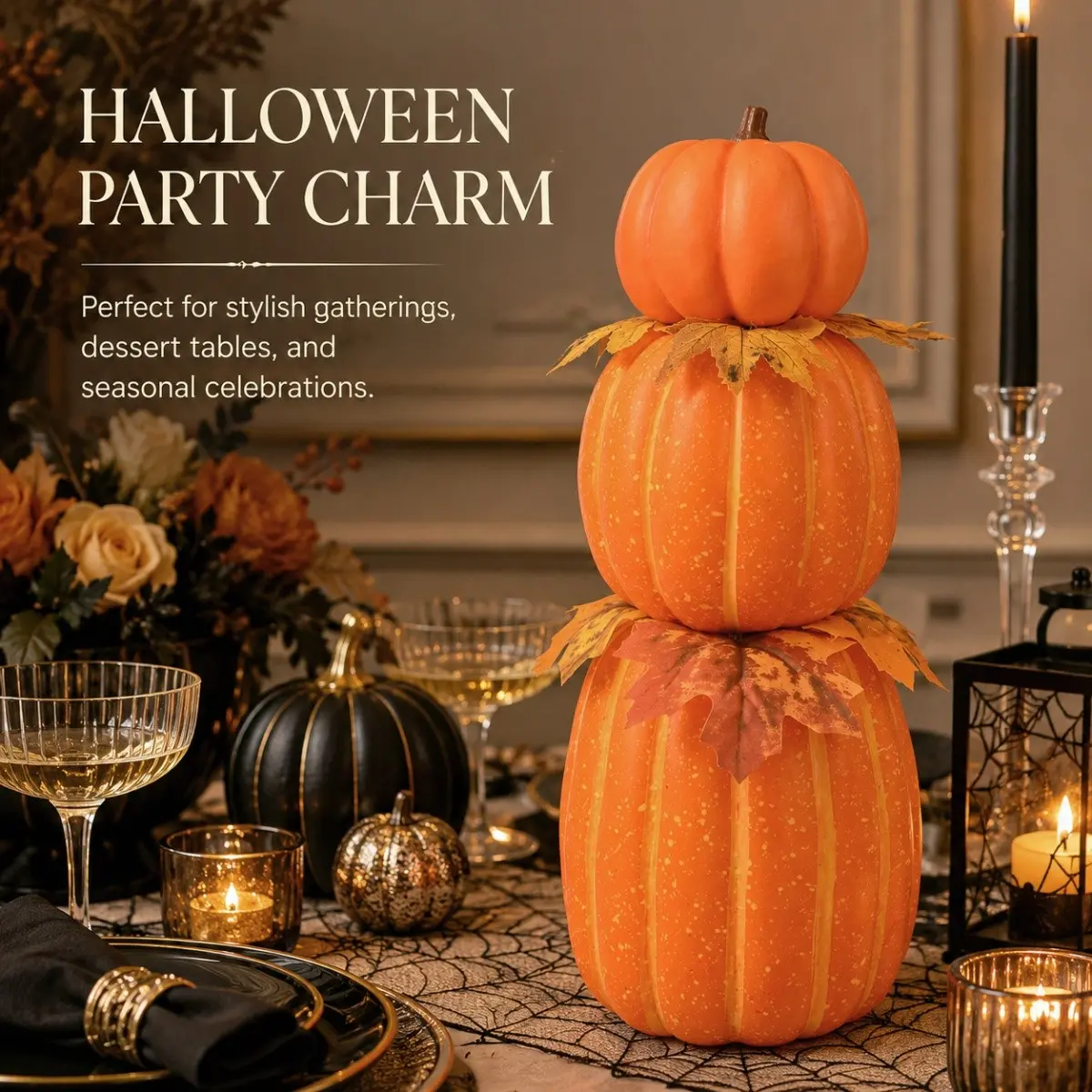 1Pc Artificial Stacked Pumpkin Decor, Halloween Thanksgiving Style, Three-Tier Pumpkin Shape with Fall Leaf Details, for Tabletop Table Centerpiece Living Room Party Entryway
