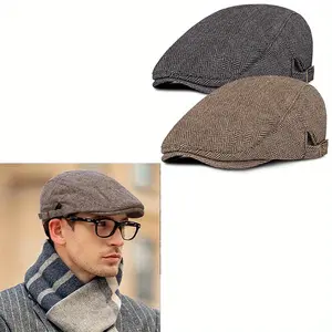 2 Pcs Vintage British Style Newsboy Caps, Classic Herringbone Tweed Wool Blend Flat Cap Ivy Cabbie Driving Headwear, Suitable for Casual & Formal Attire