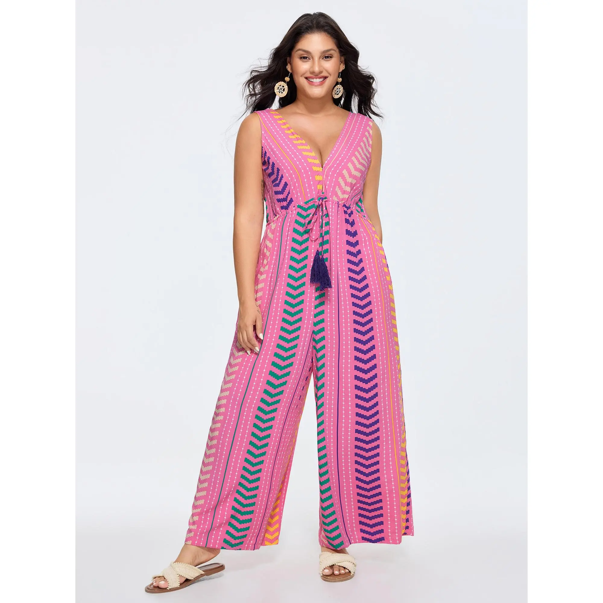 BloomChic Plus Size Boho Geometric Print Jumpsuit, Wide Leg Overalls for Women with Tassel Detail, Casual Summer Garment, Smooth, Pocket, Fit, Rayon, Fabric, Low Iron, Jumpsuits For Women, Lightweight, M-6X, Loose-Fitting, Multi-Size, Easy One-Piece Desig