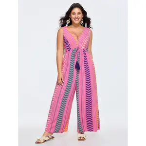 BloomChic Plus Size Boho Geometric Print Jumpsuit, Wide Leg Rayon Fabric with Tassel Detail and Pockets